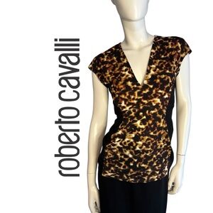 Roberto Cavalli Leopard Print V-Neck Cap Sleeve Top - Brown, Black